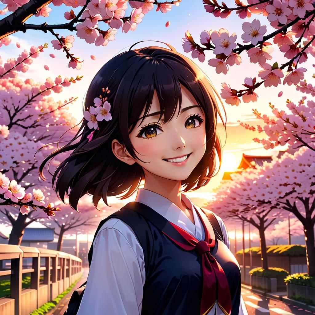 Smiling Schoolgirl Portrait with Cherry Blossoms