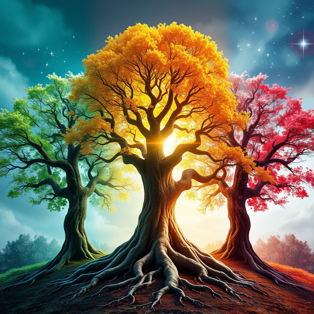 Four Seasons Trees Converge into One Mystical Tree