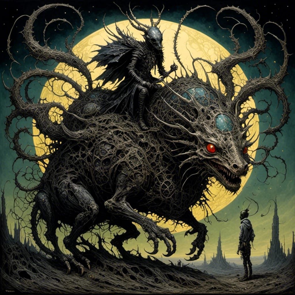 Rider on Chimera Beast Ascending Towards Sunrise