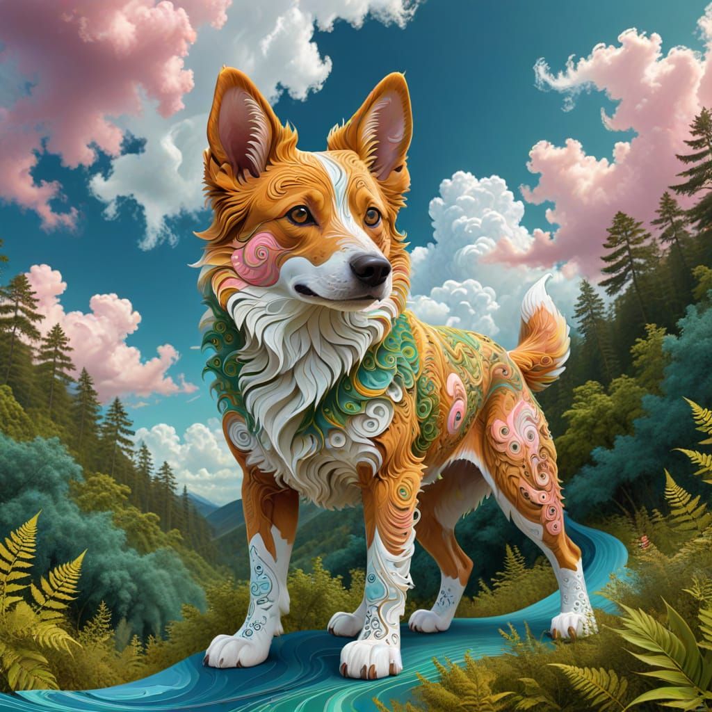 Golden Dingo in Psychedelic Tropical Forest