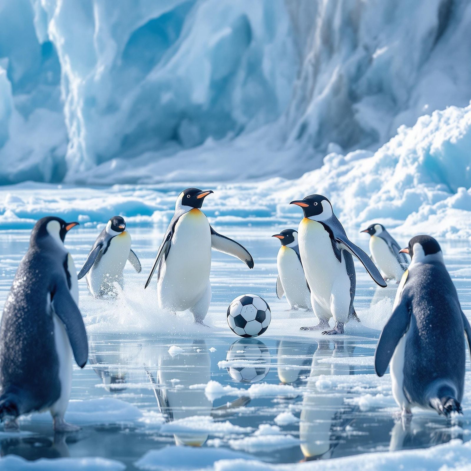 Penguins Play Soccer on Ice, a Whimsical Scene