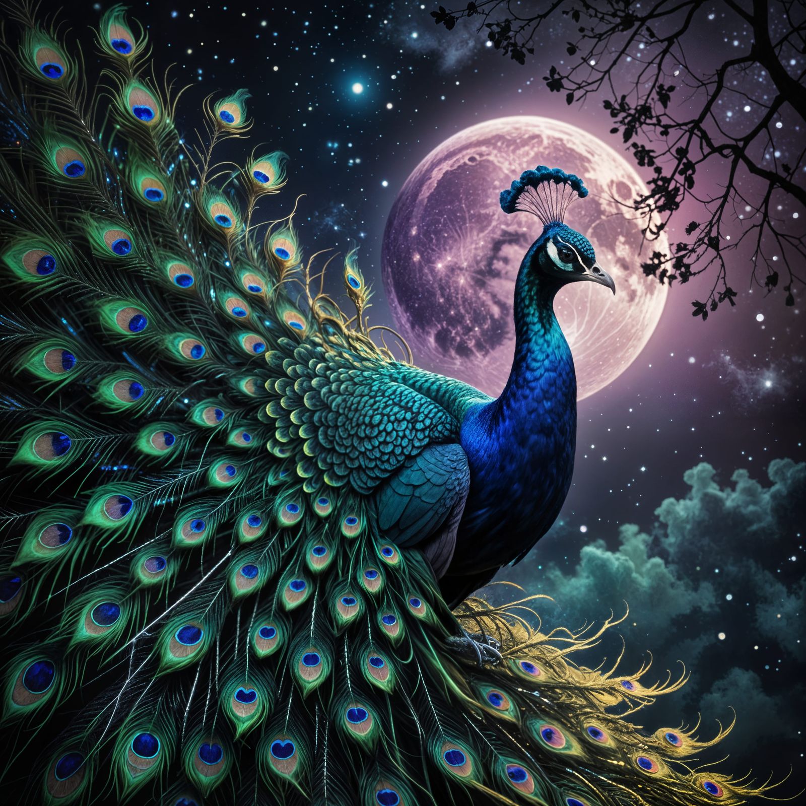 Ethereal Peacock Amidst Vibrant Cosmic Azure