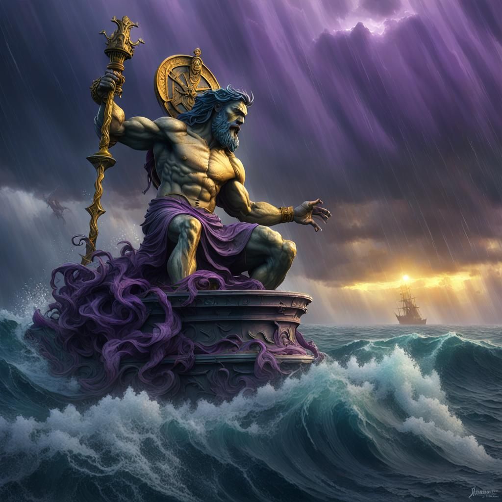 Poseidon Statue in Stormy Ocean, Fantasy Art