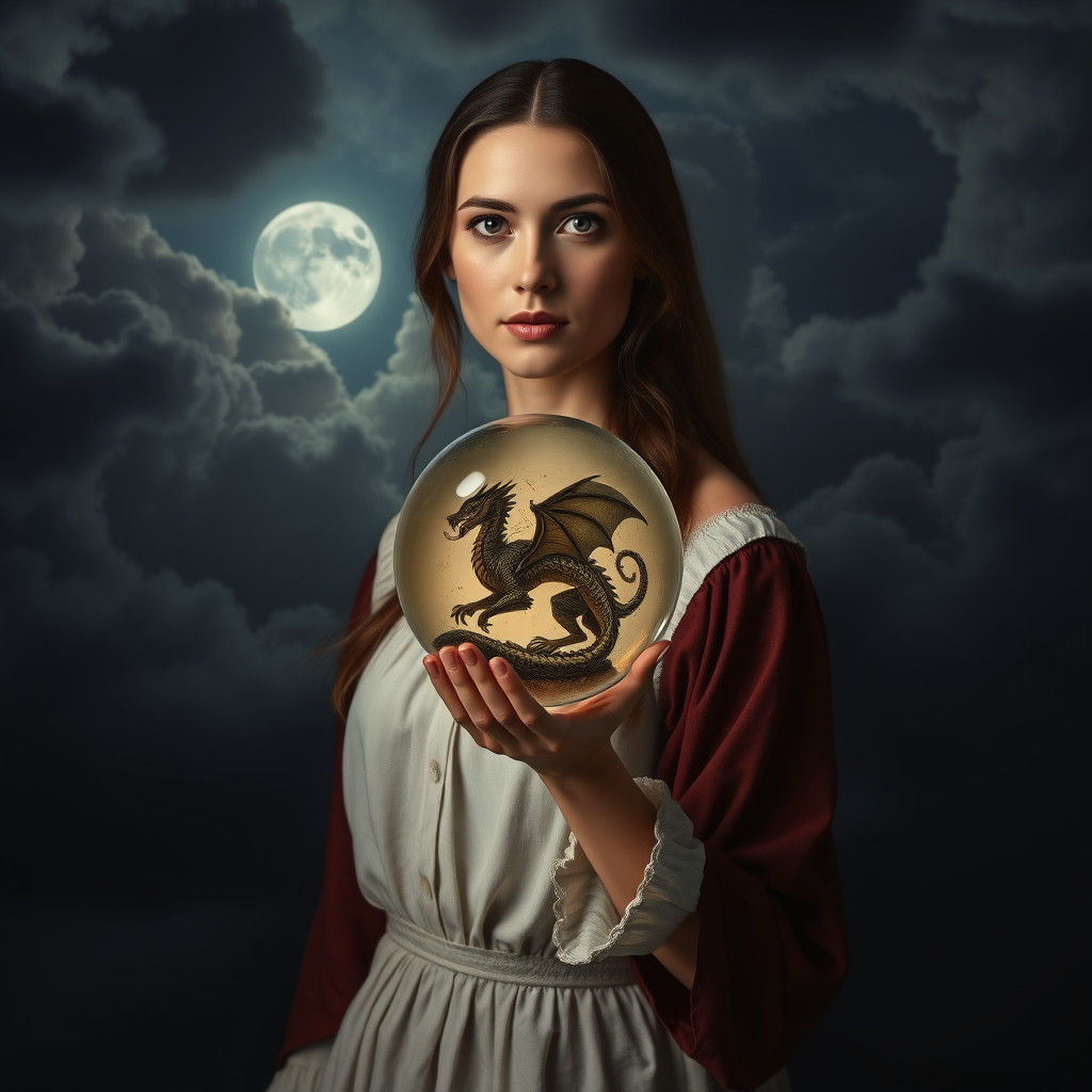 Woman Holds Dragon Orb in Moonlight