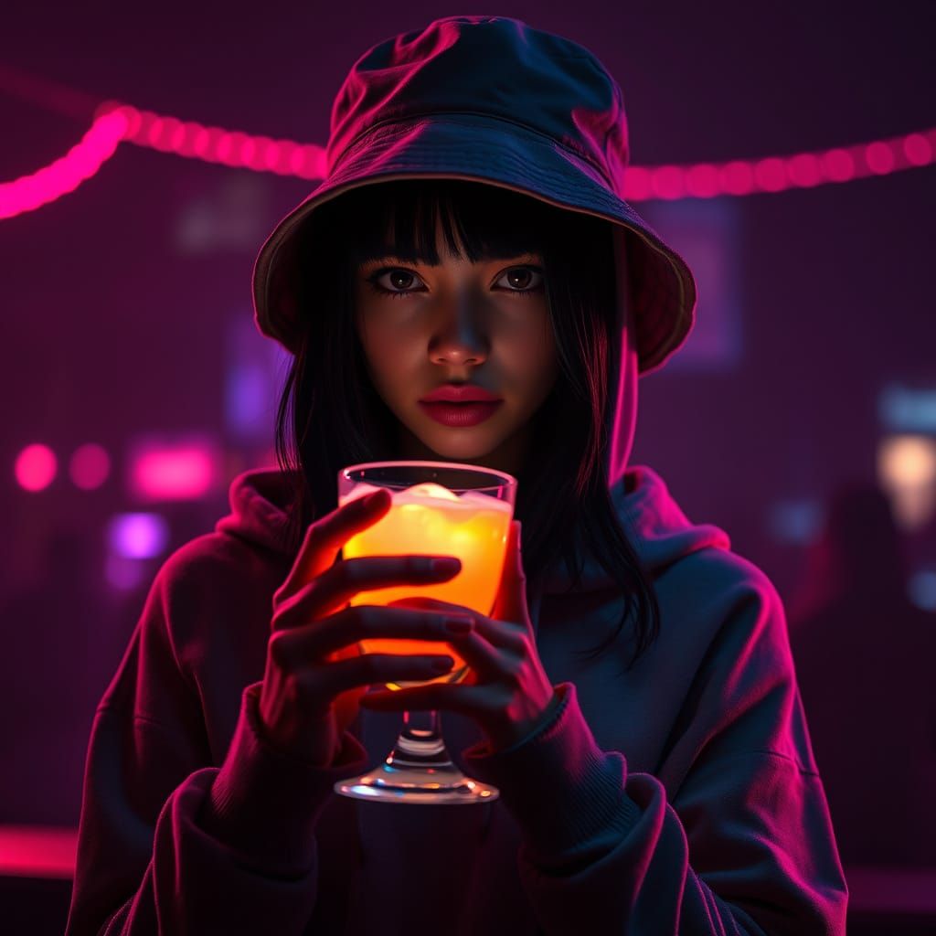 Elegant Cyberpunk Goddess with Glowing Cocktail
