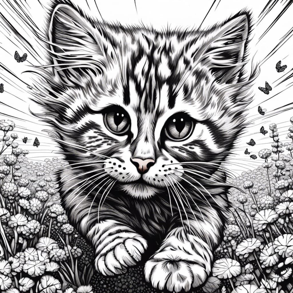Cute Kitten Chasing Butterfly: Black and White Line Art
