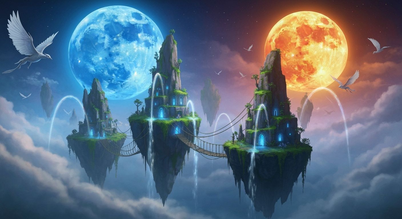 Floating City Suspended in Sky with Dual Moons