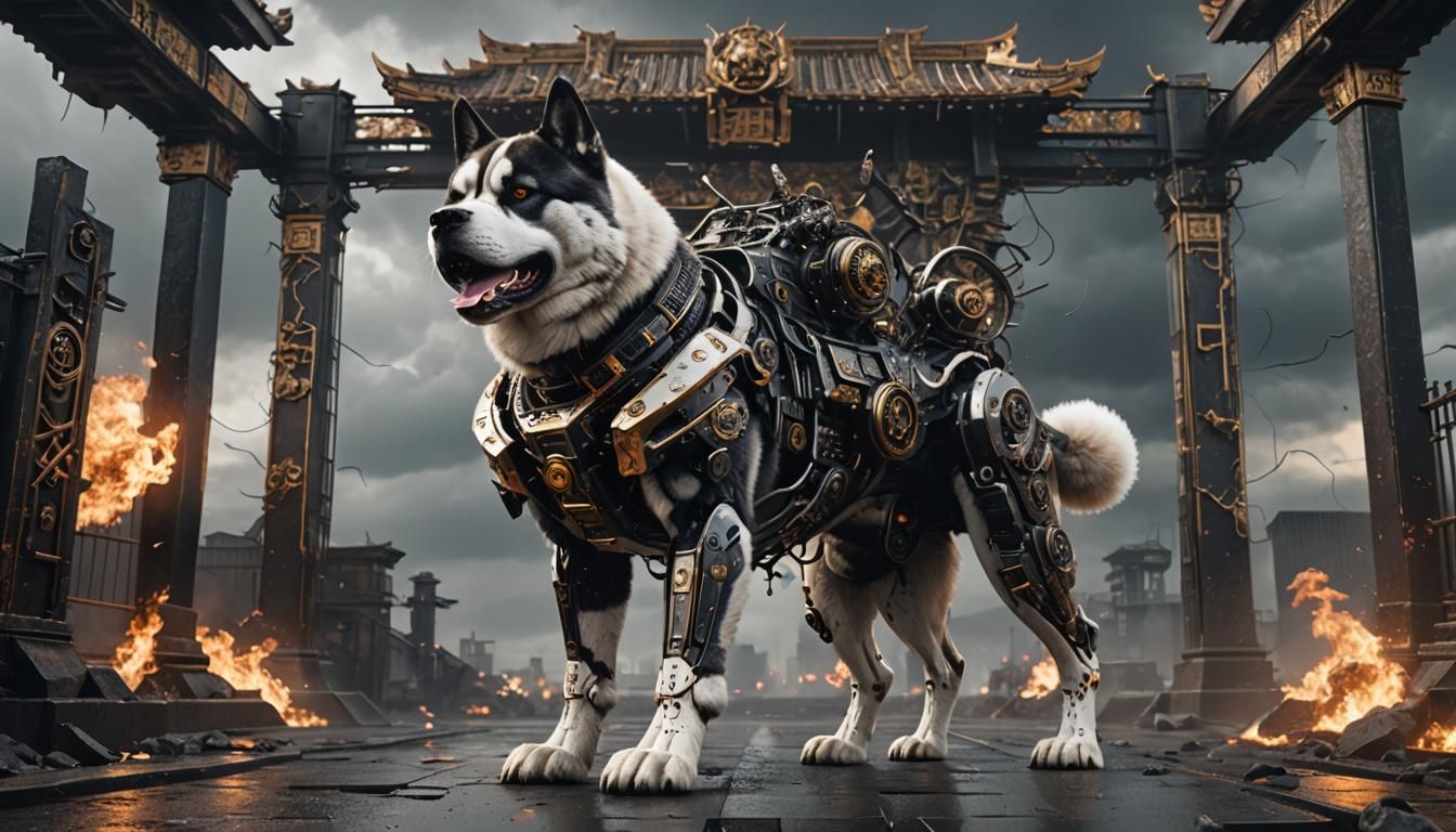 Cyborg Akita Dog Guards Hell in Sci-Fi Style