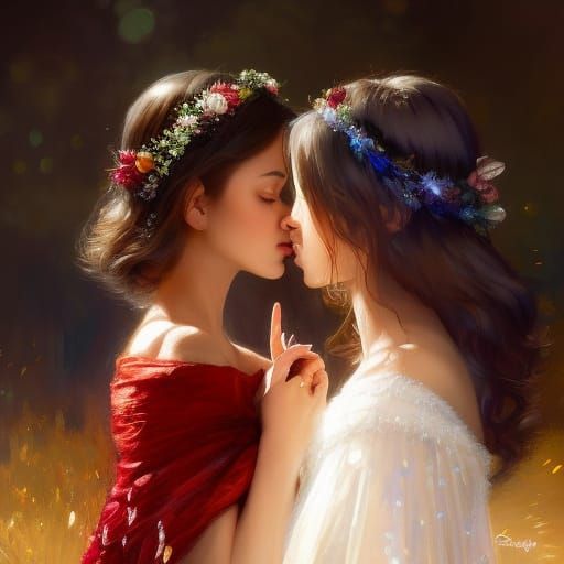 Two Women Kissing with Engagement Ring, Neo-Impressionism