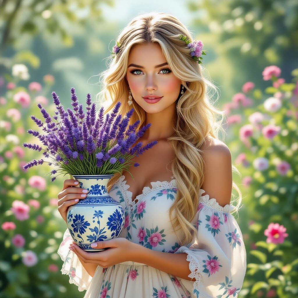 Woman with Lavender Vase in Dreamy Garden
