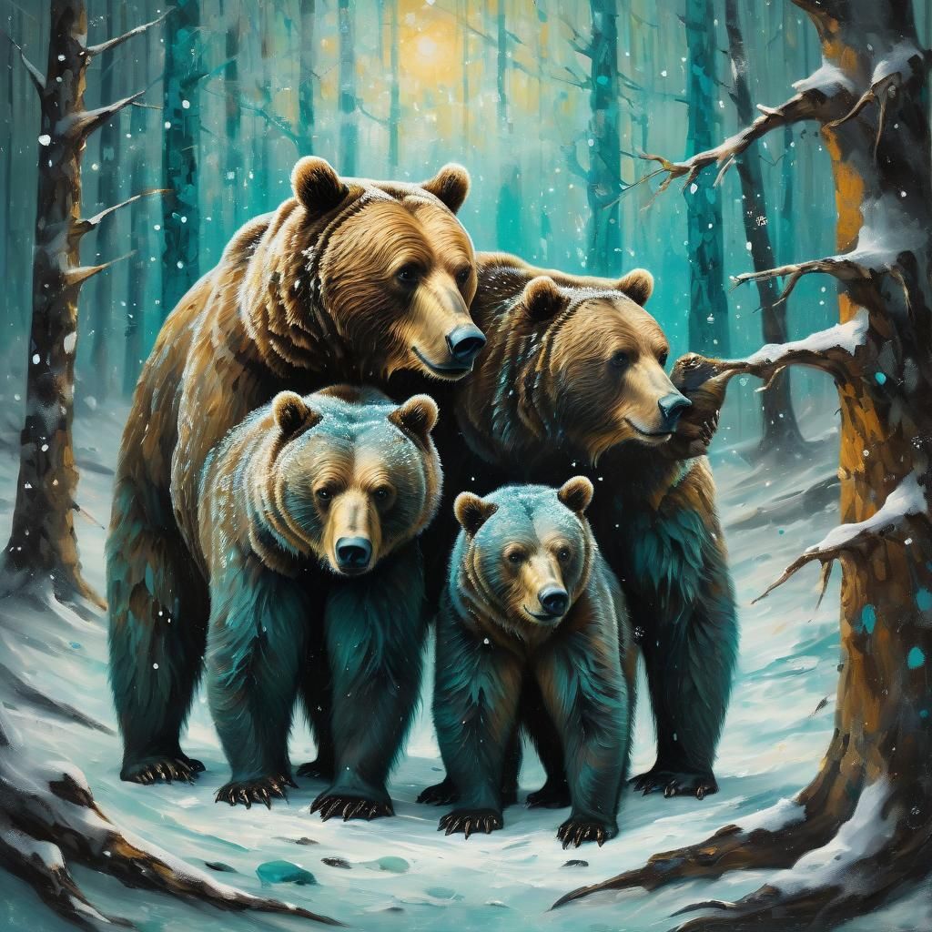 Surreal Forest Scene with Huddled Brown Bear Family