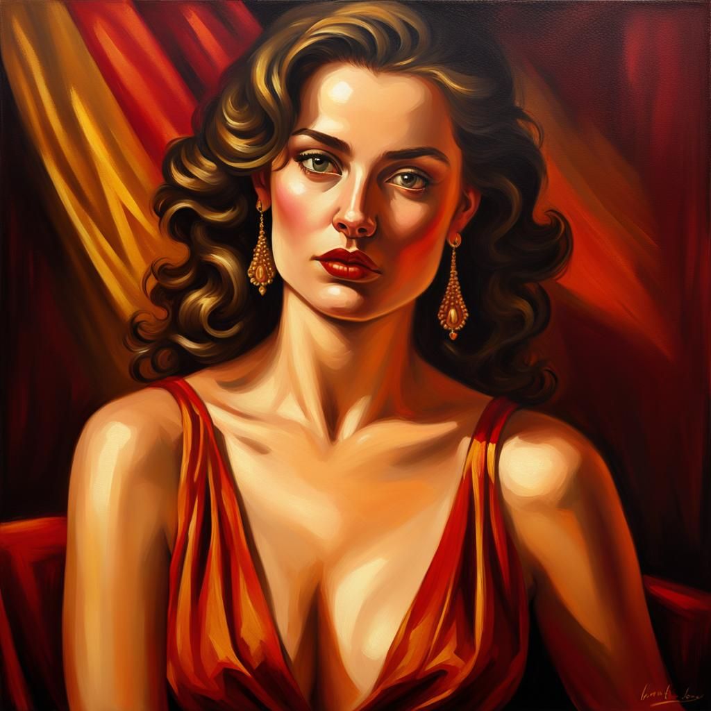Elegant Femme Fatale in Rich Oil Painting
