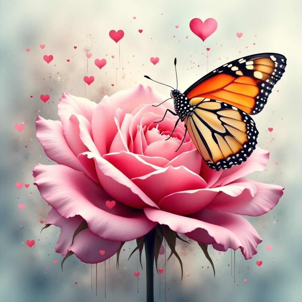 Butterfly on Rose with Double Exposure and Ink Effects