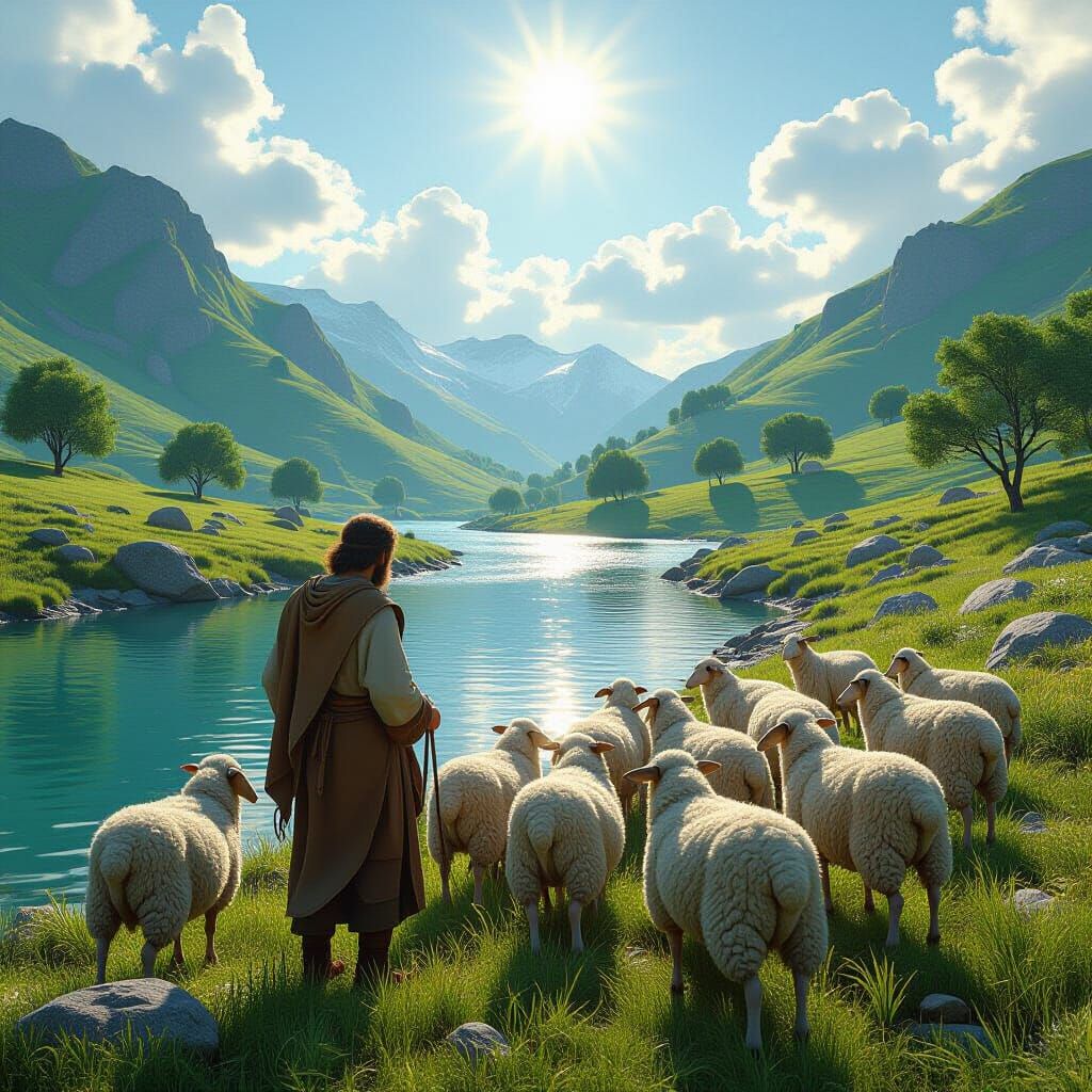 Shepherd and Flock in Lush 3D Rendered Landscape