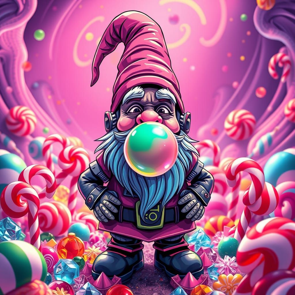 Surreal Candyland Gnome Blows Bubblegum Bubble in Whimsical ...