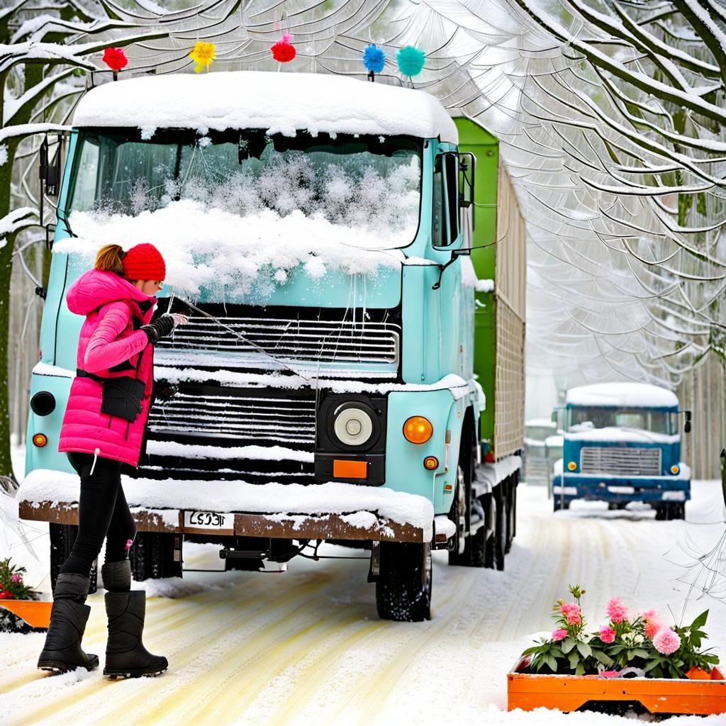 Girl on Skateboard in Snowy Plantation