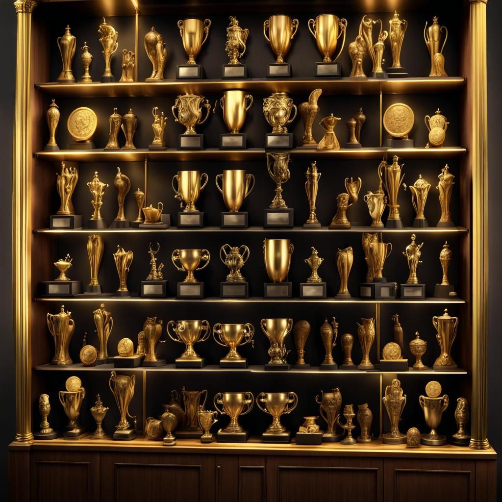 A tall wall to wall display case filled end to end and top to bottom with various sized gold trophies and gold  medals🥇