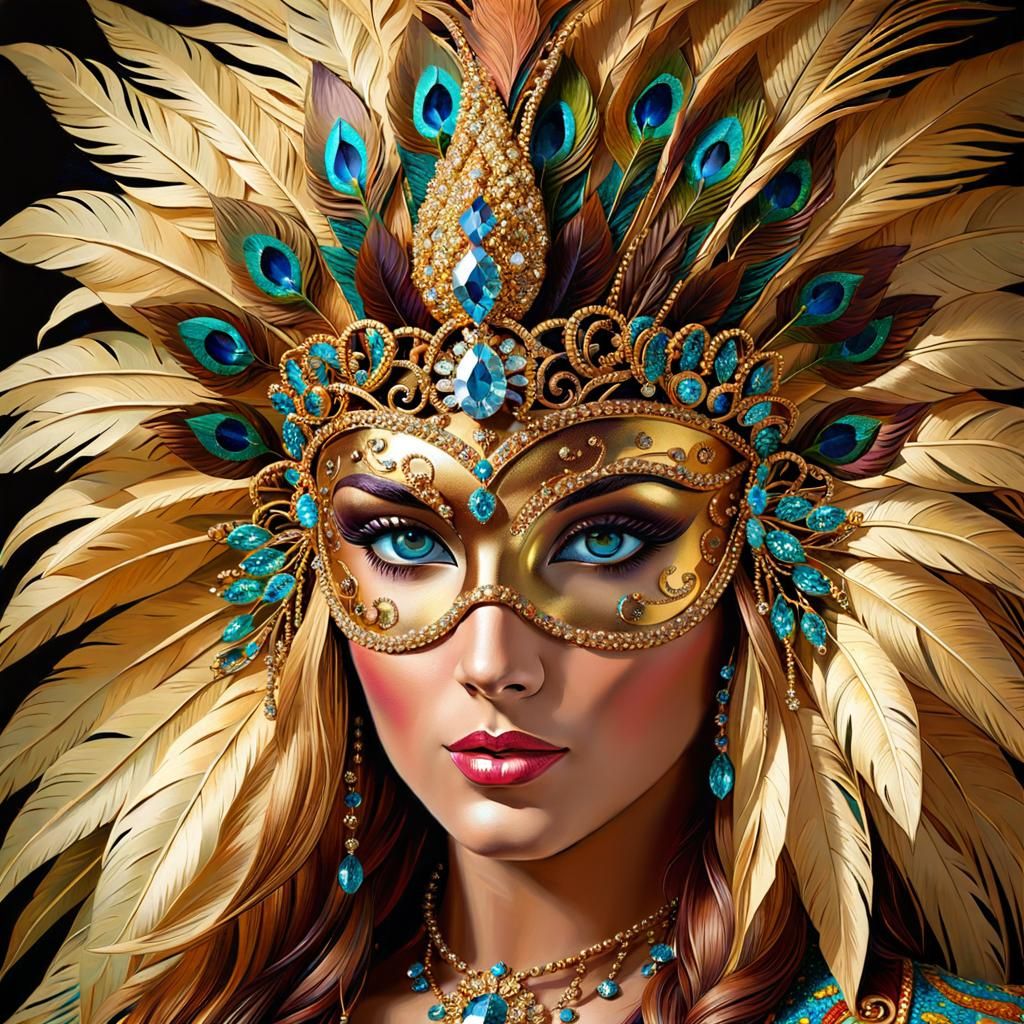 Rhinestone Carnival Mask with Feathers as Oil Painting
