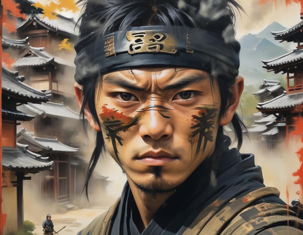 Ninja Portrait with Ancient Japanese Village Backdrop