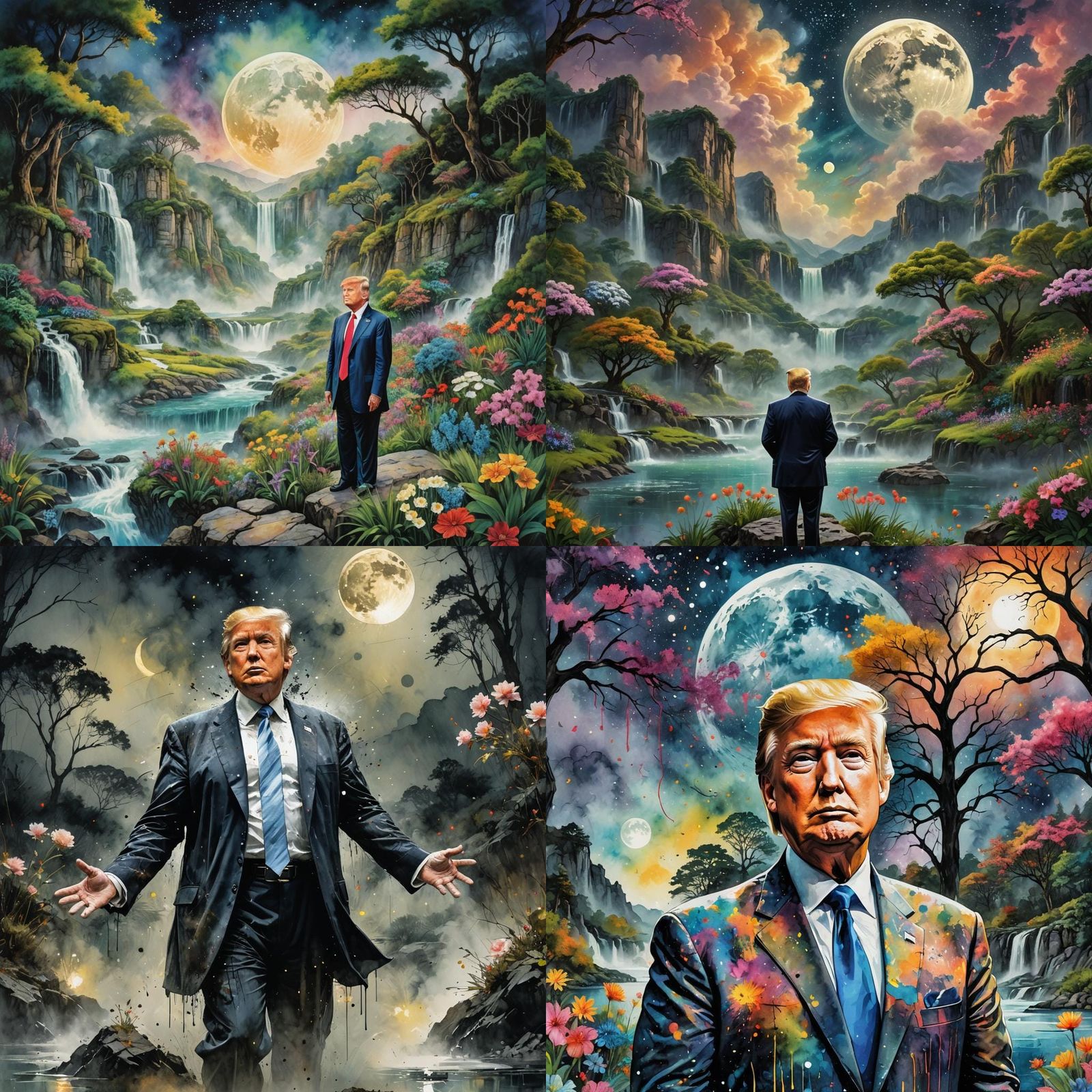 Lush Summerscape with Figure in Watercolor Ink Splatter Art