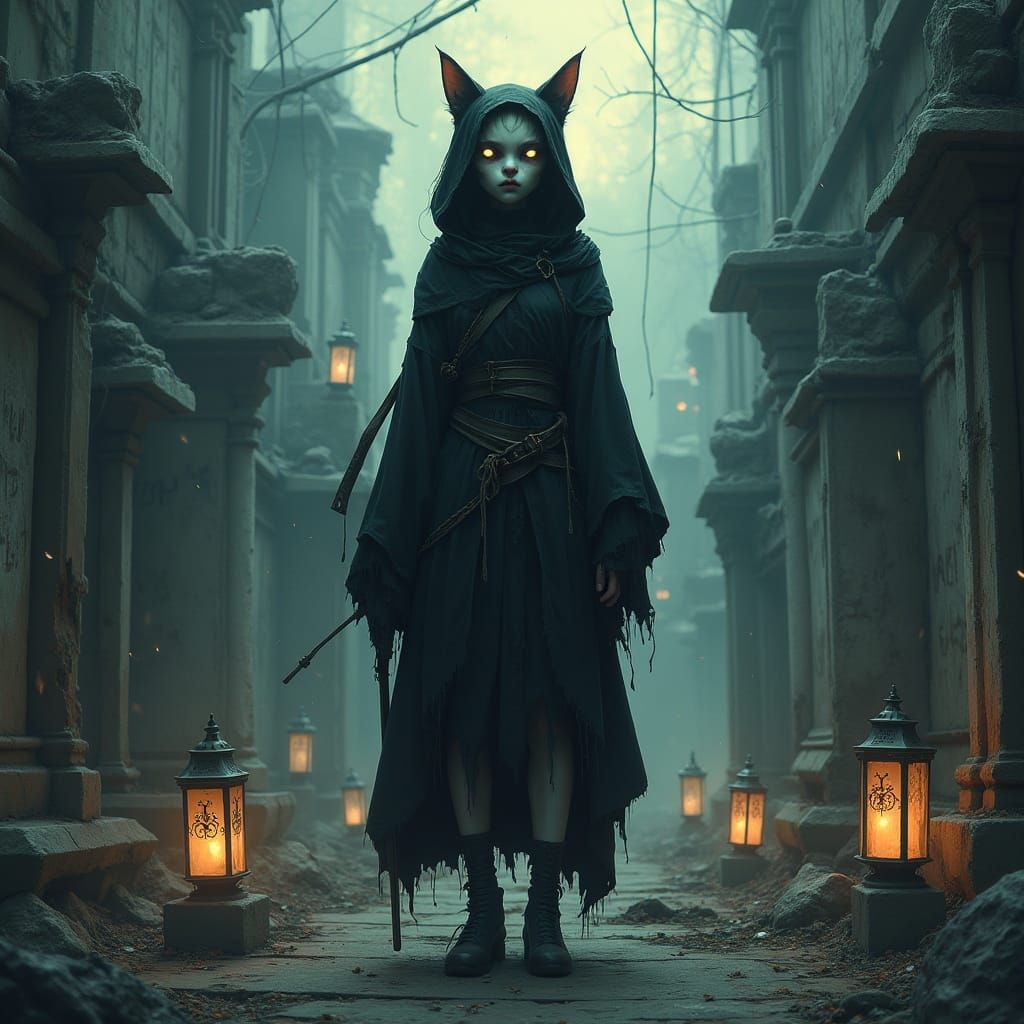 Anime Cat-Kin Necromancer in Haunted City