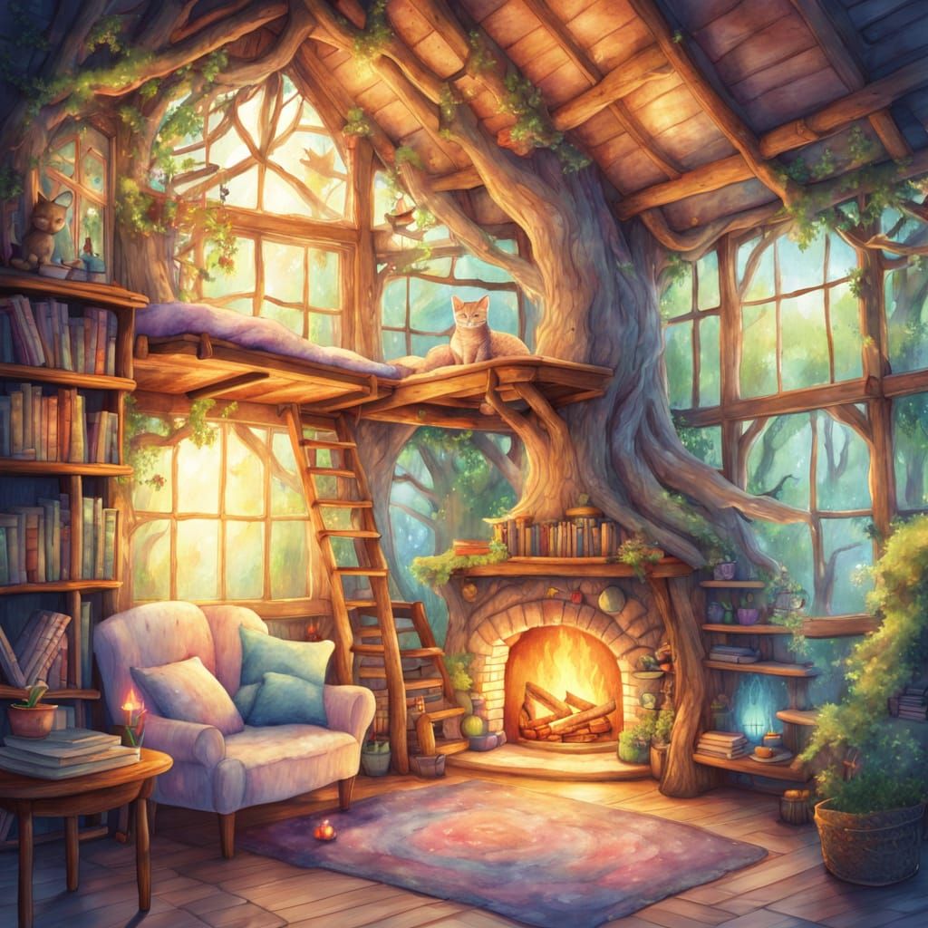 Whimsical Watercolor Treehouse Sanctuary