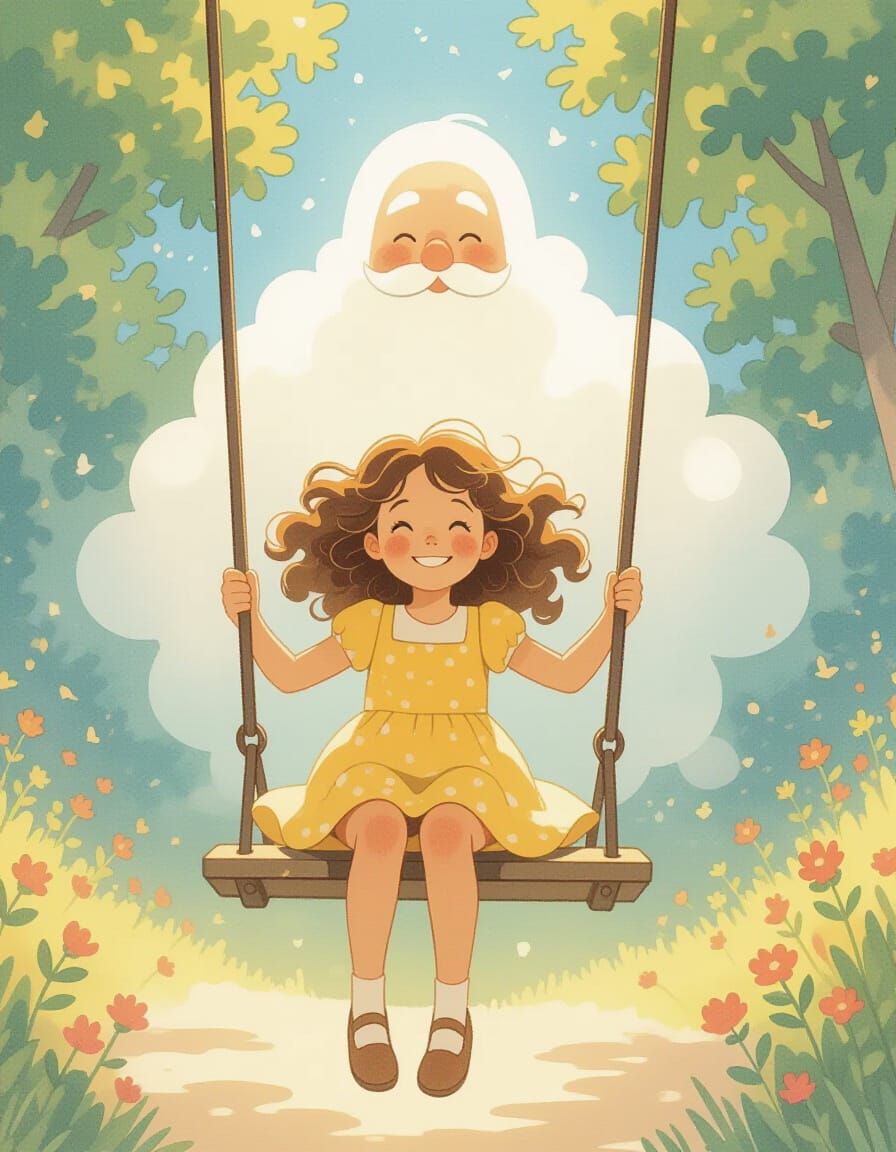 Girl on Swing with Father Figure: Impressionist Style