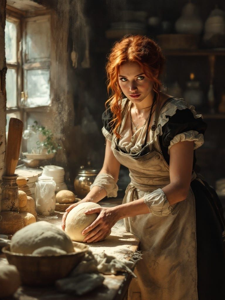 Redhead Baker in Bustling 1500s Kitchen