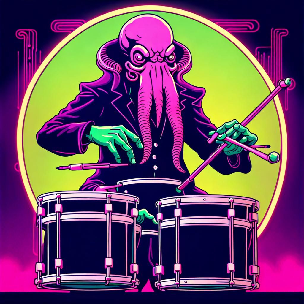 Cthulhu on Drums: Synthwave Neon Retro Style