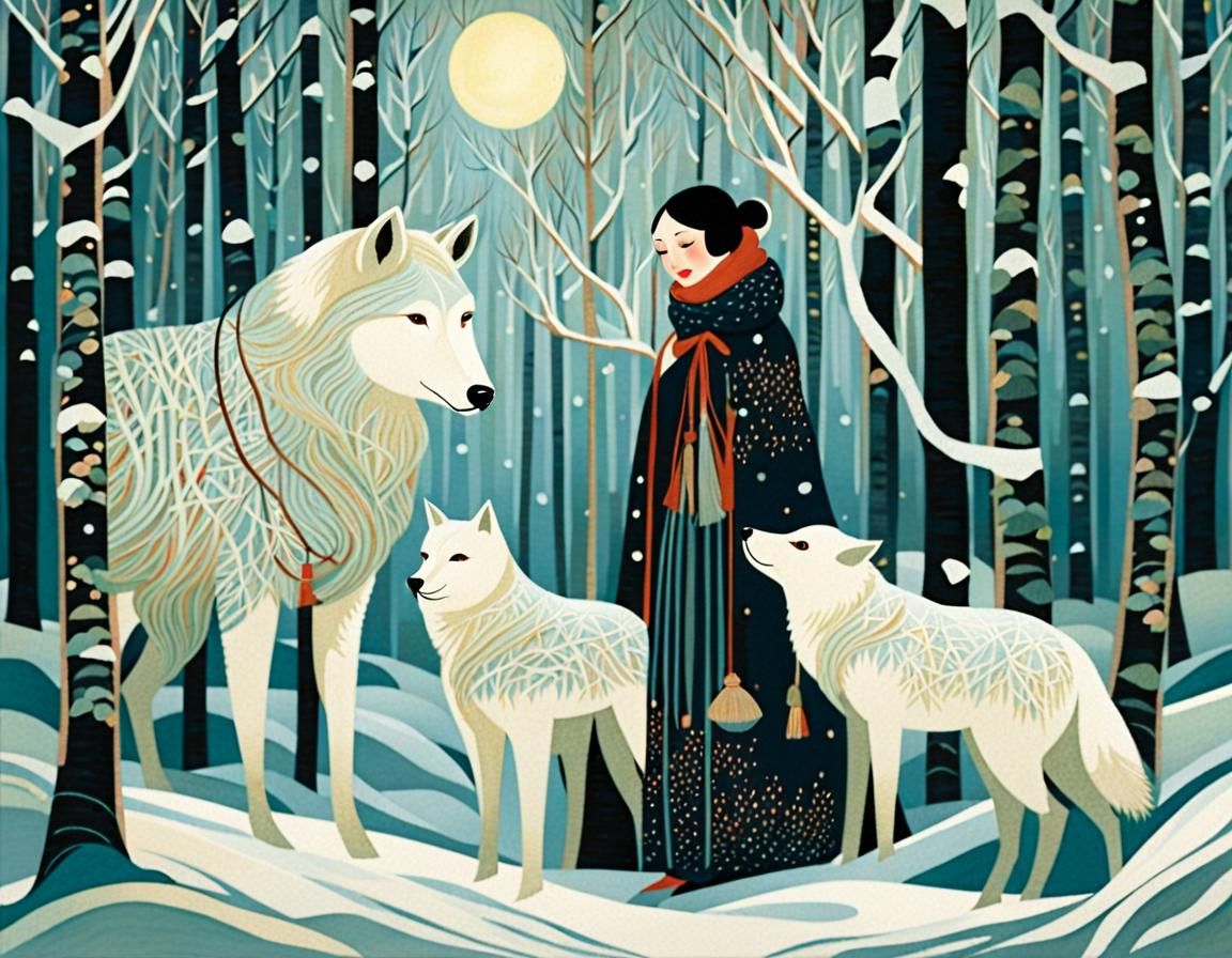 Girl in Winter Birch Forest, Illustration Art