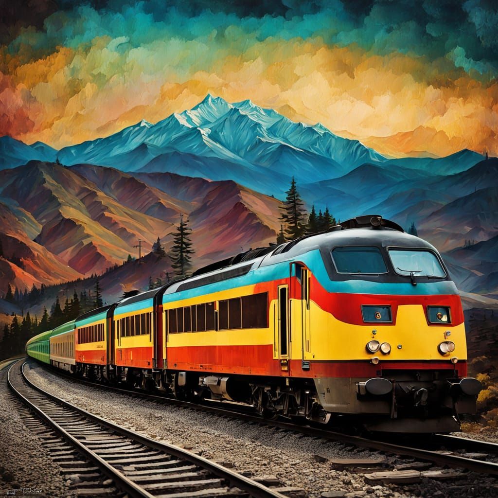 Vintage Train in Mountains at Night, Impasto Style