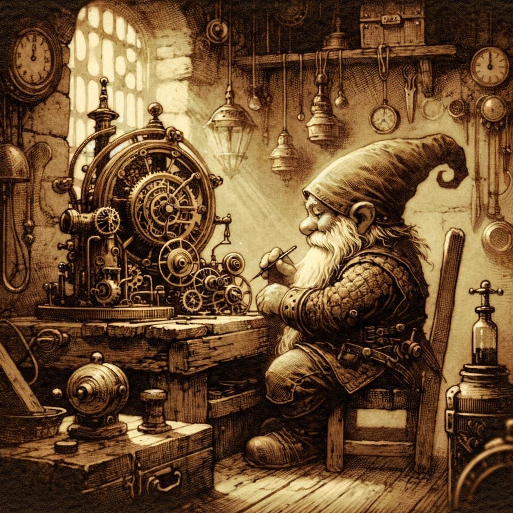 Gnome Workshop Scene in Vintage Engraving Style
