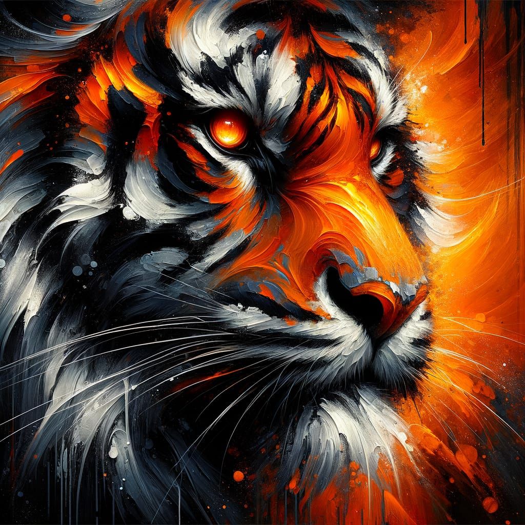 Fierce Tiger Face: Abstract Painting with Glowing Eyes