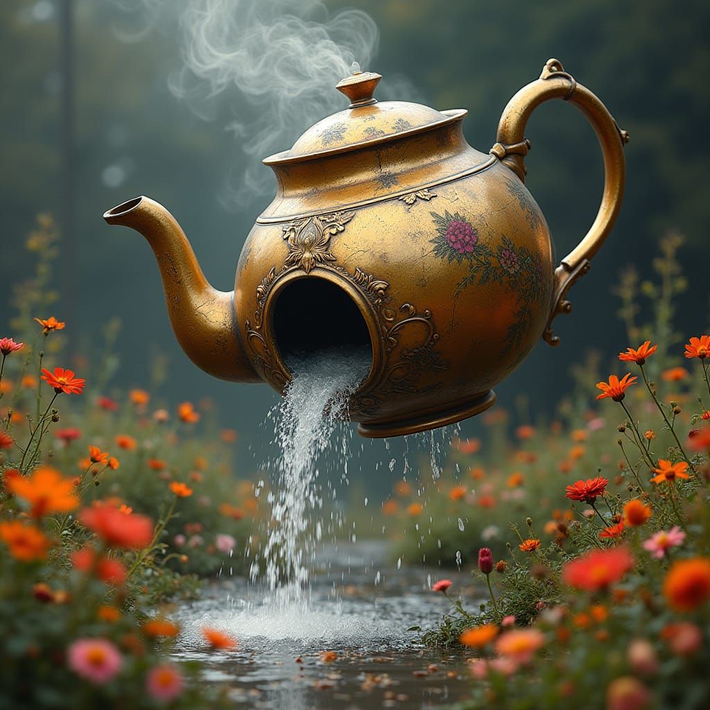 Giant Teapot Waterfall in Hyperrealistic Style