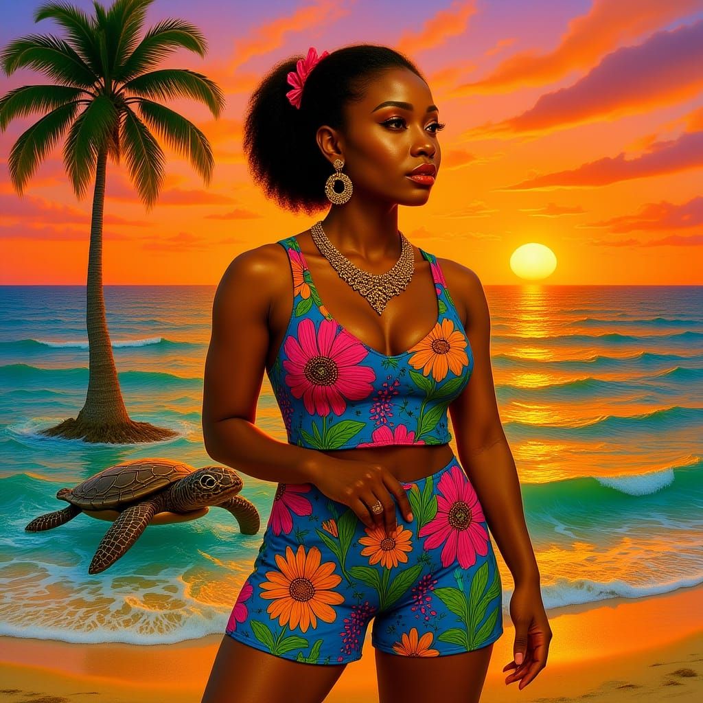 Jamaican Woman and Sea Turtle Double Exposure Portrait