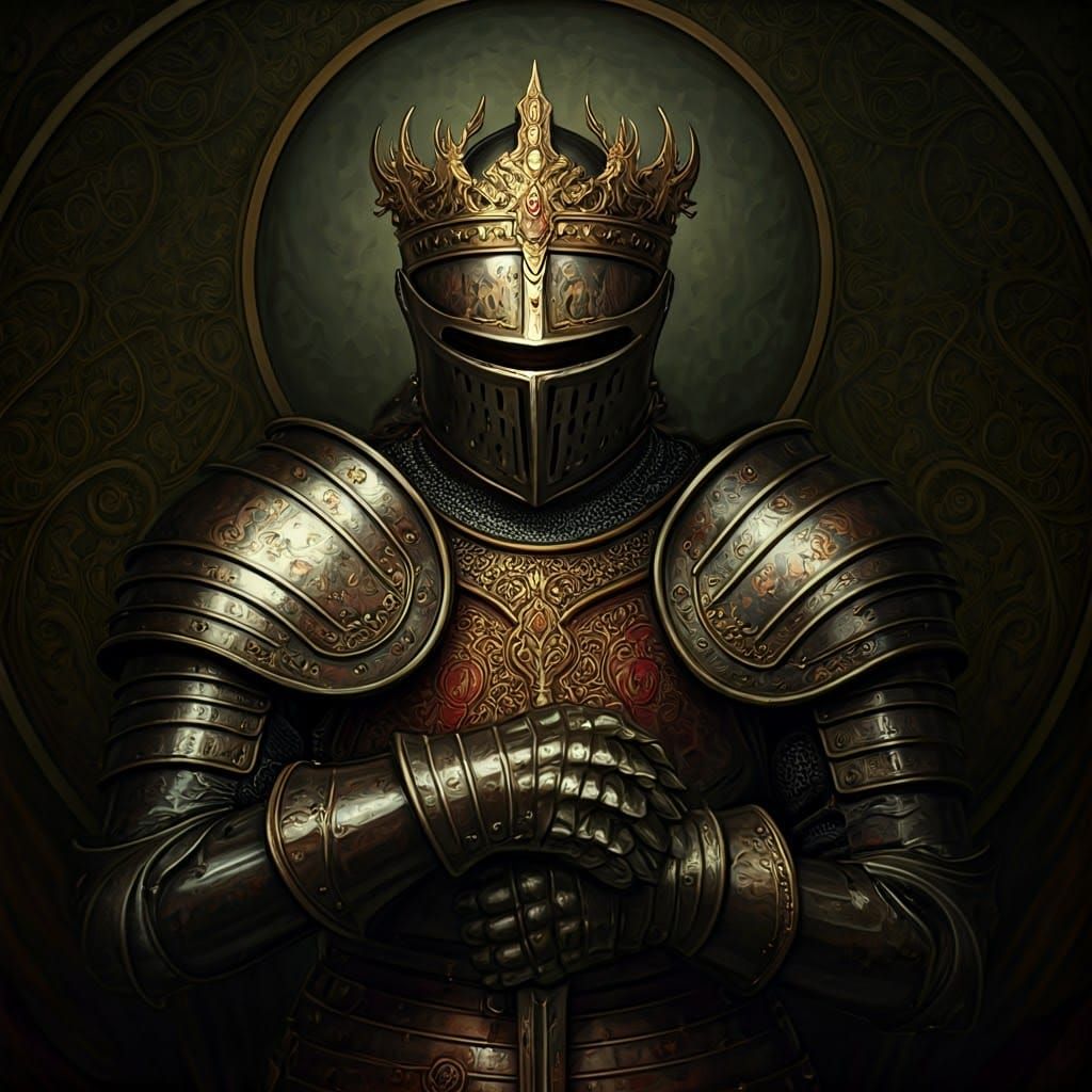 Imposing Armoured Knight in Dark, Dreamlike Landscape
