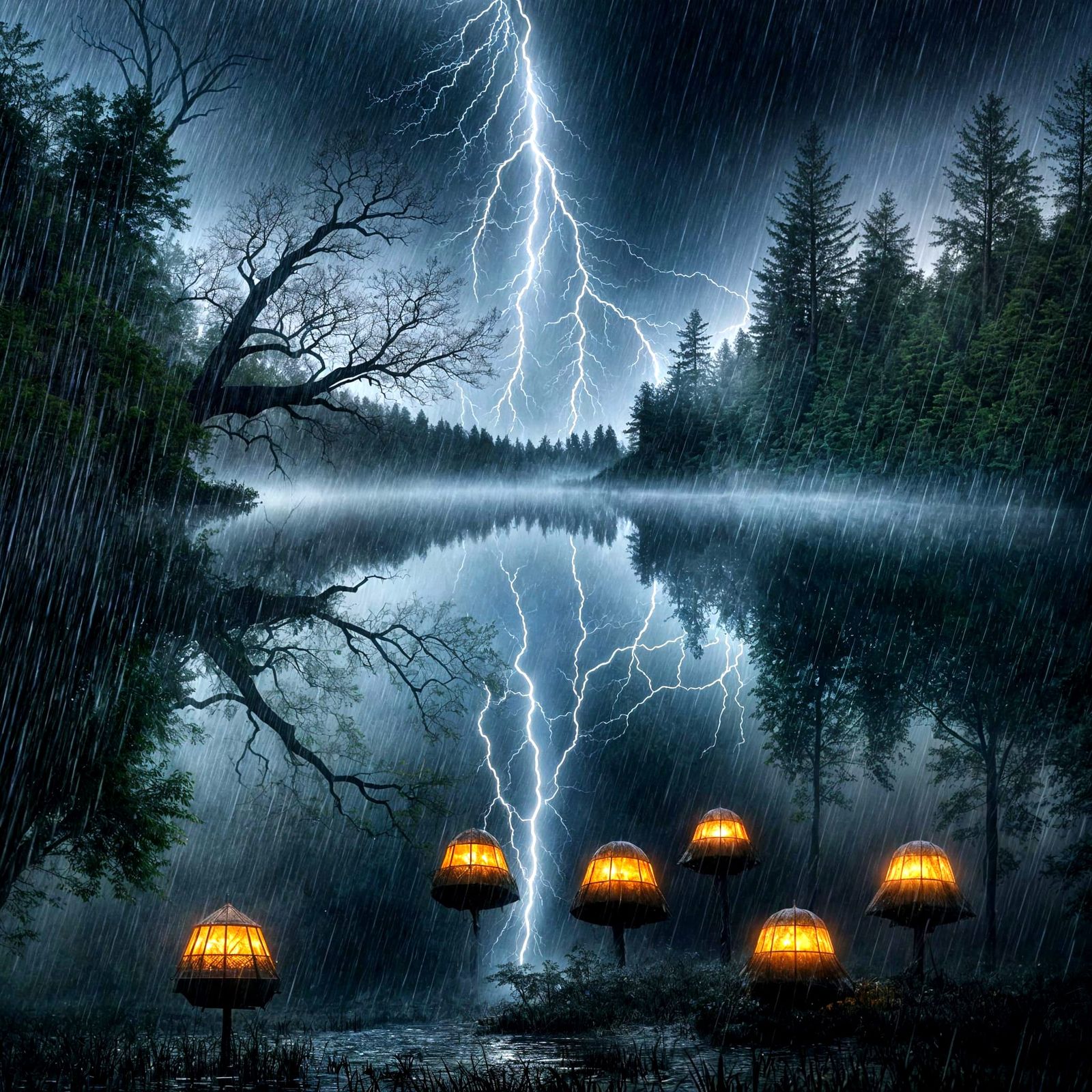 Eerie Forest Scene in Dark, Vivid Colors