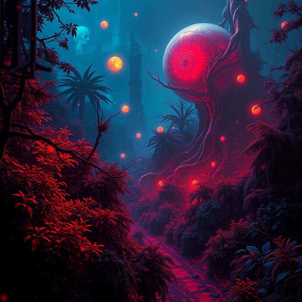 Surreal Biomechanical Landscape with Glowing Orbs