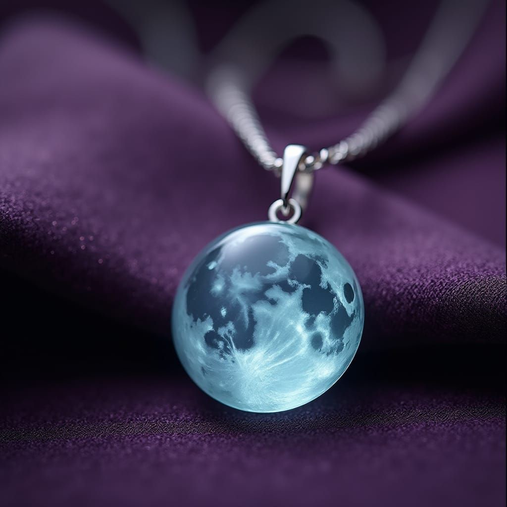 Aquamarine Moon Pendant on Purple Velvet, Photorealistic Sty...