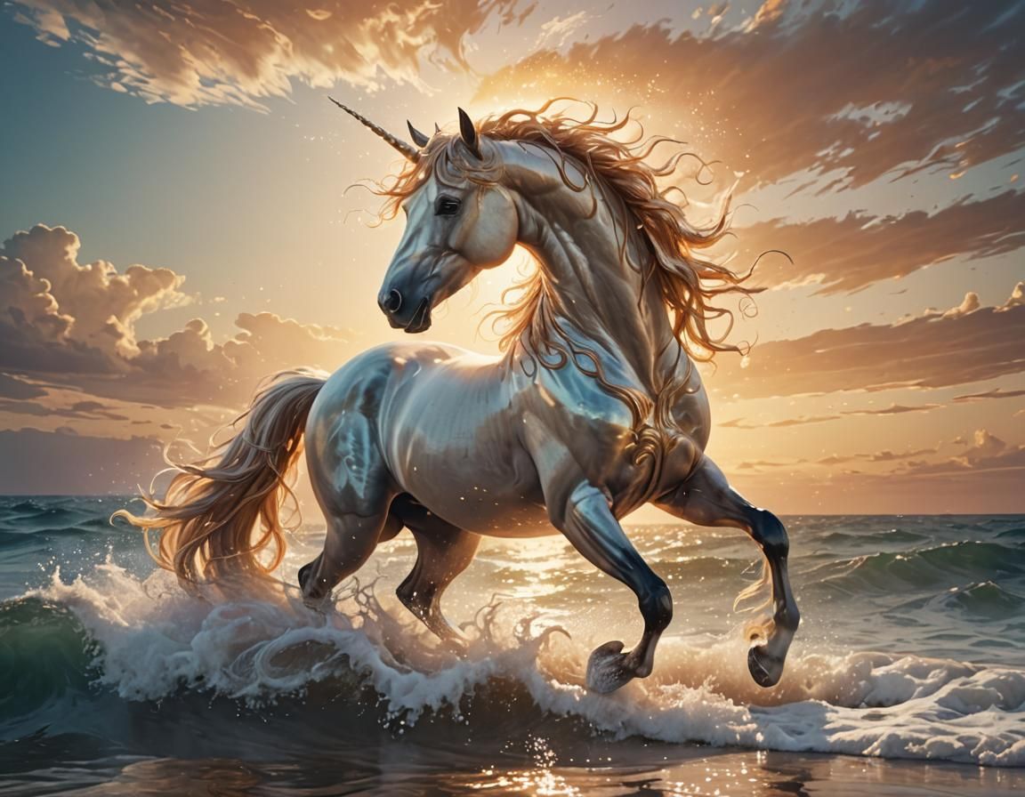Majestic Unicorn at Ethereal Sea: Whimsical Illustration