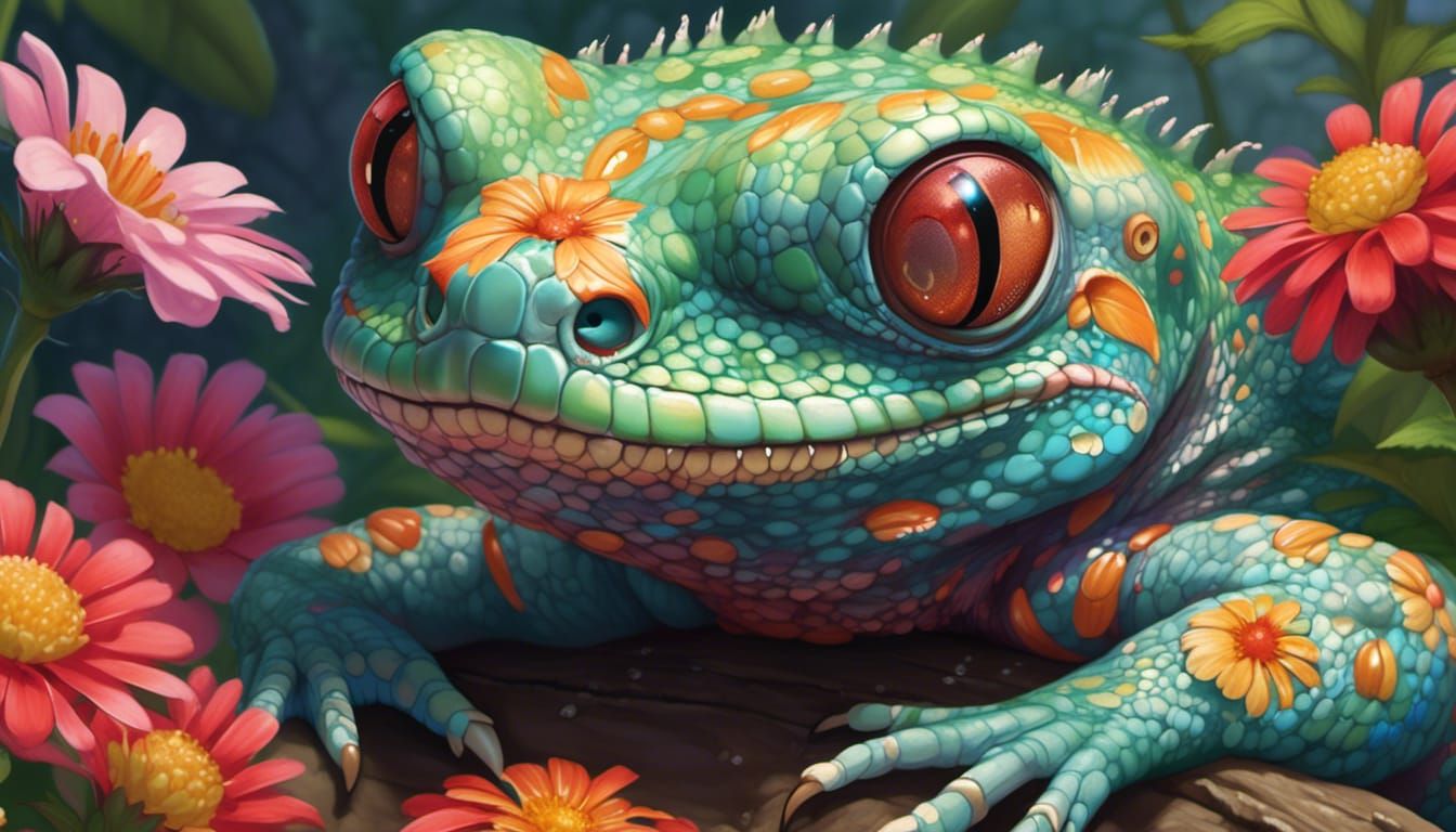 <lora:Soft Animals:1.0> LIZARD CLOSE UP, AMONGST THE FLOWERS...