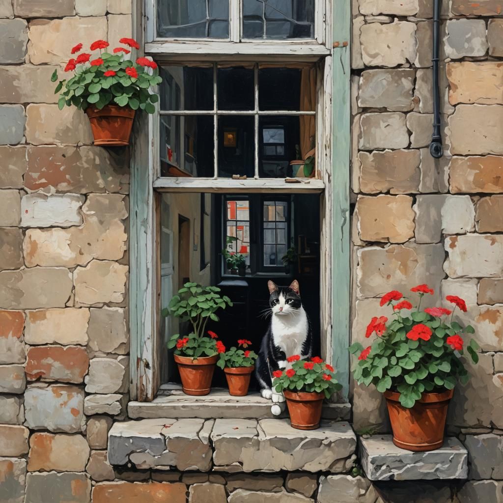 Cat in Window with Geraniums: Impasto Painting