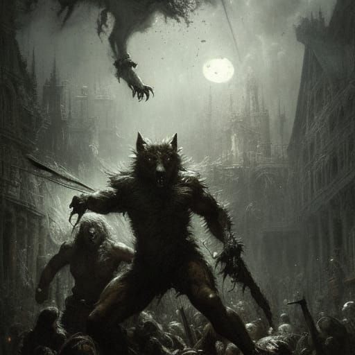 Epic Werewolf Battle in Engraving Style