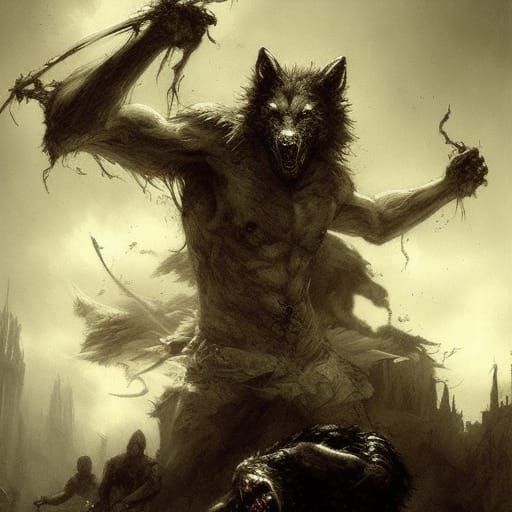 Epic Werewolf Battle Scene in Horror Style
