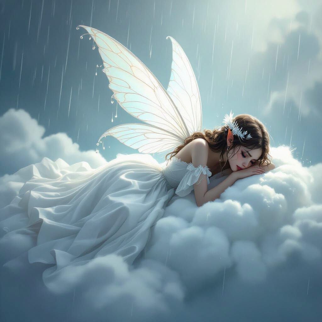 Crying Fairy on Cloud in Whimsical Style