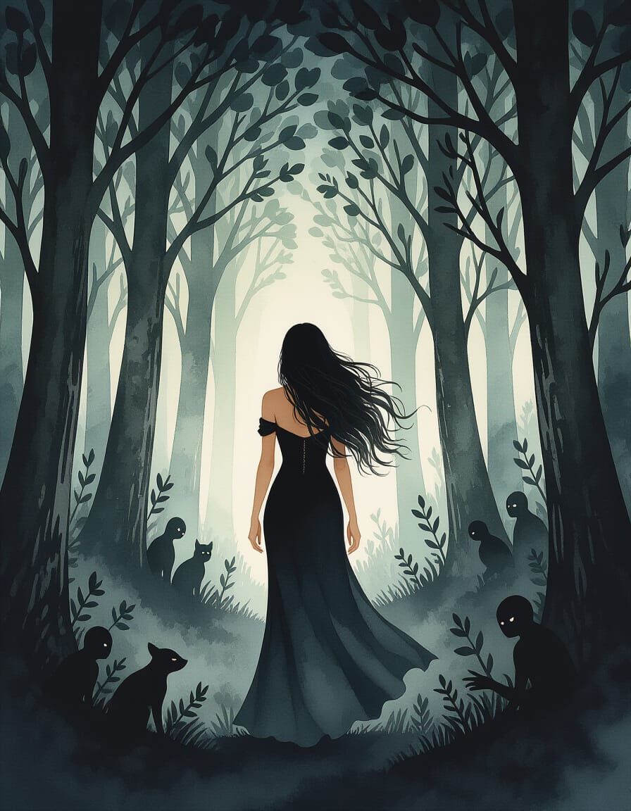 Melancholy Woman in Dark Fantasy Forest: Watercolor Art