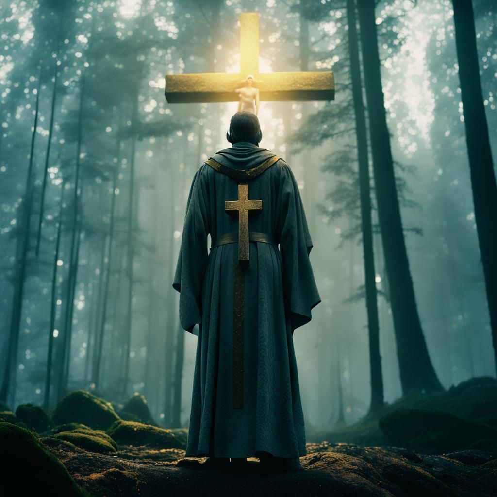 Cleric Casting Spell in Mystical Forest, 3D Render