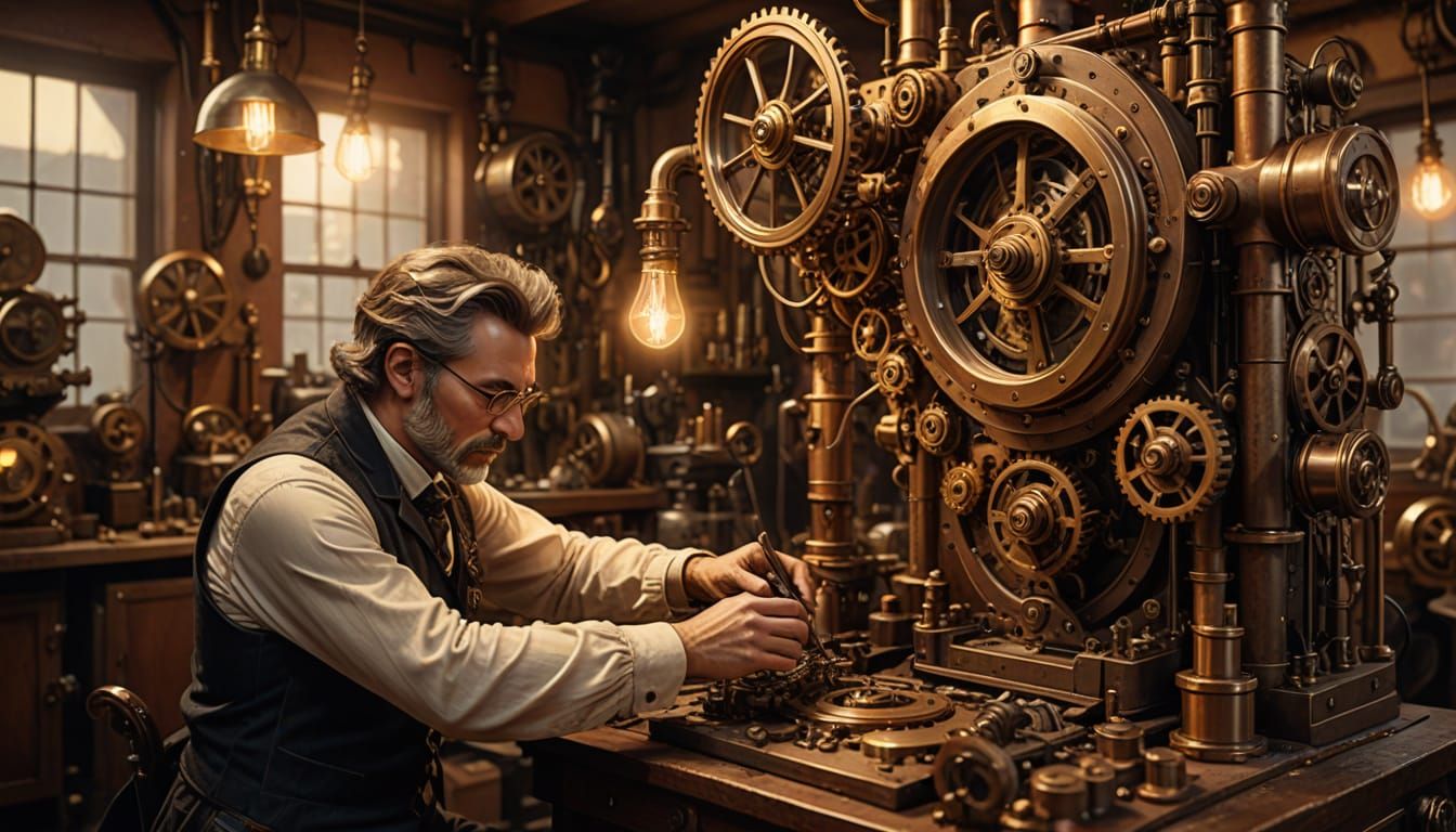 Steampunk Inventor's Workshop at Golden Hour