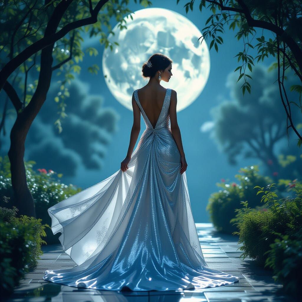 Elegant Woman in Silver Gown in Moonlit Garden