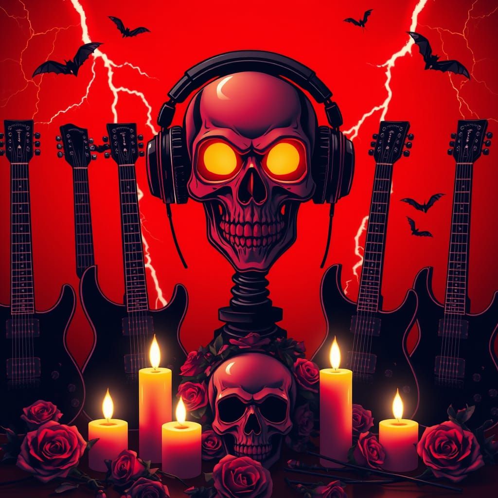 Stylized Skull with Headphones and Electric Guitars